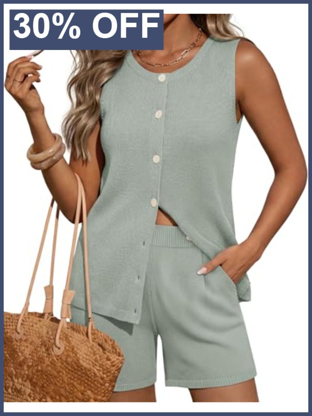 Two Piece Short Set Sleeveless Button Down Vest High Waist Shorts Lounge